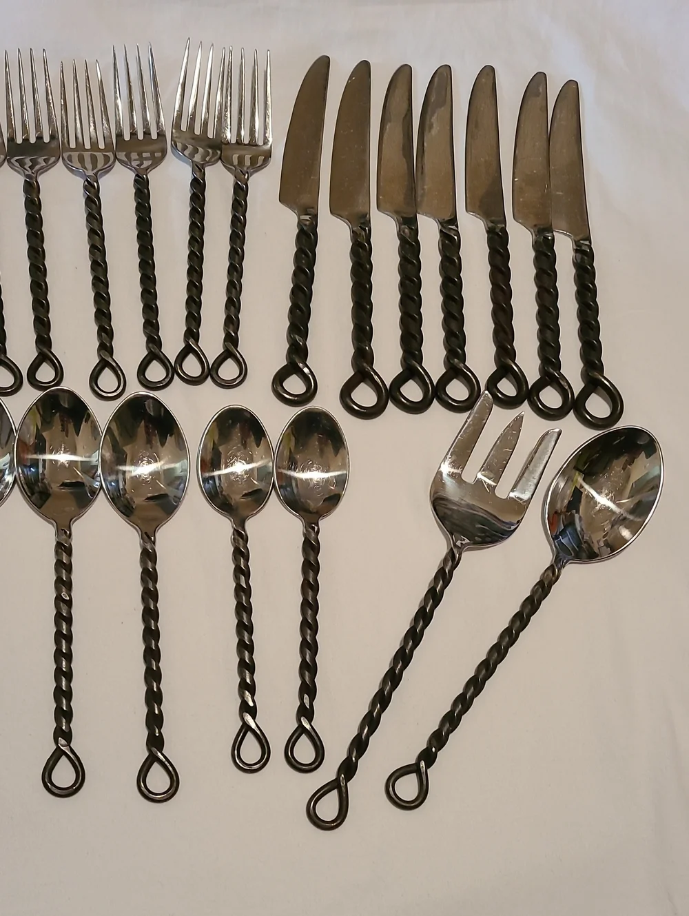 Silver Black Braid Rope Twisted Thailand Pottery Barn, 28 Pieces Flatware
